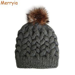 Knitting Hats with Fur Pom